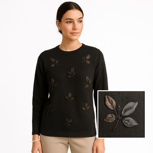 KAREN SCOTT Black Wool Blend Beaded Floral Appliqué Sweater Pullover M